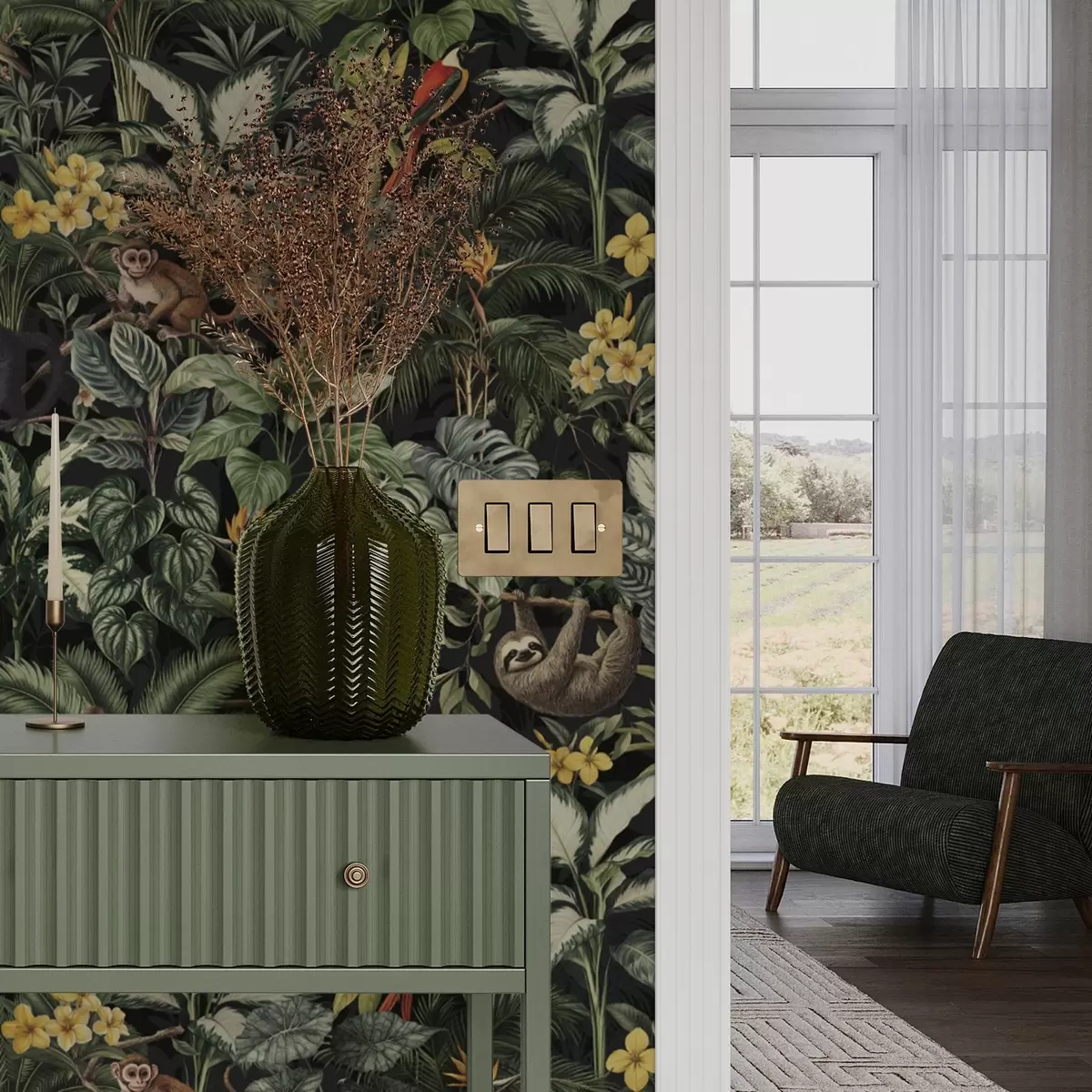 Tapetes Tropu džungļi ar pērtiķiem, putniem un biezu lapotni a00191