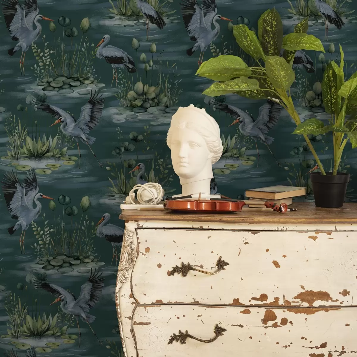 Tapetes Skatuves ar čapļiem uz dīķu un ūdens liliju fona a00202