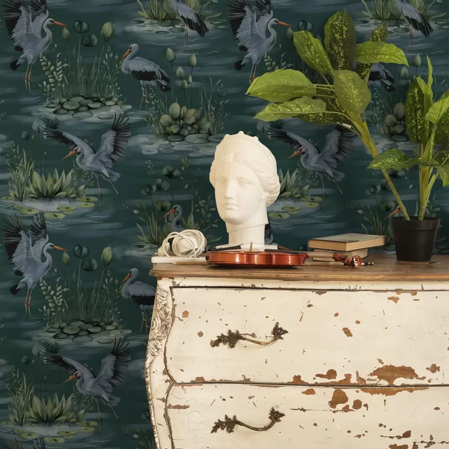 Fototapetes Skatuves ar čapļiem uz dīķu un ūdens liliju fona a00202