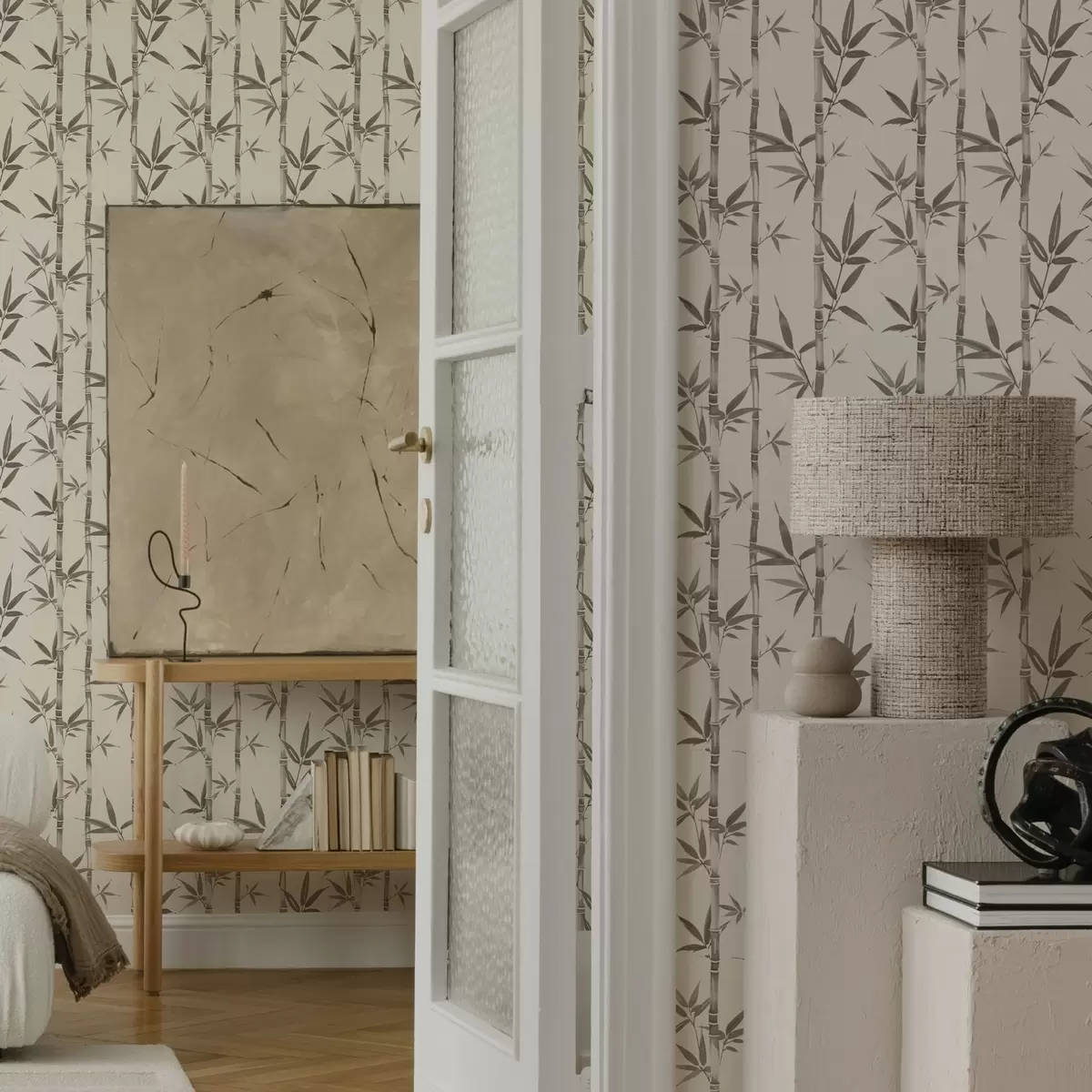 Tapetes Bēšs bambusa raksts ar japāņu stila lapām a00236