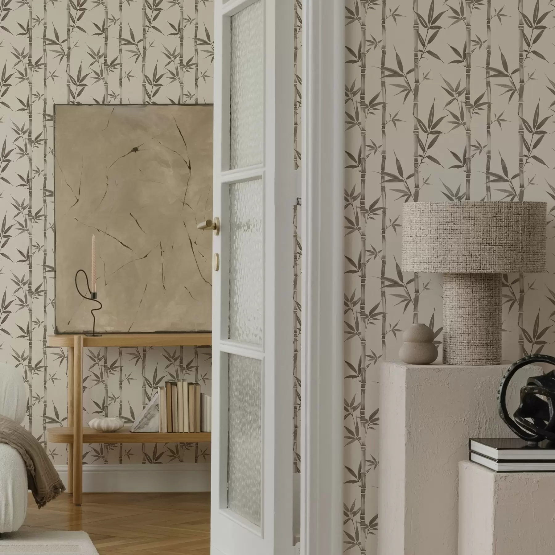 Fototapetes Bēšs bambusa raksts ar japāņu stila lapām a00236