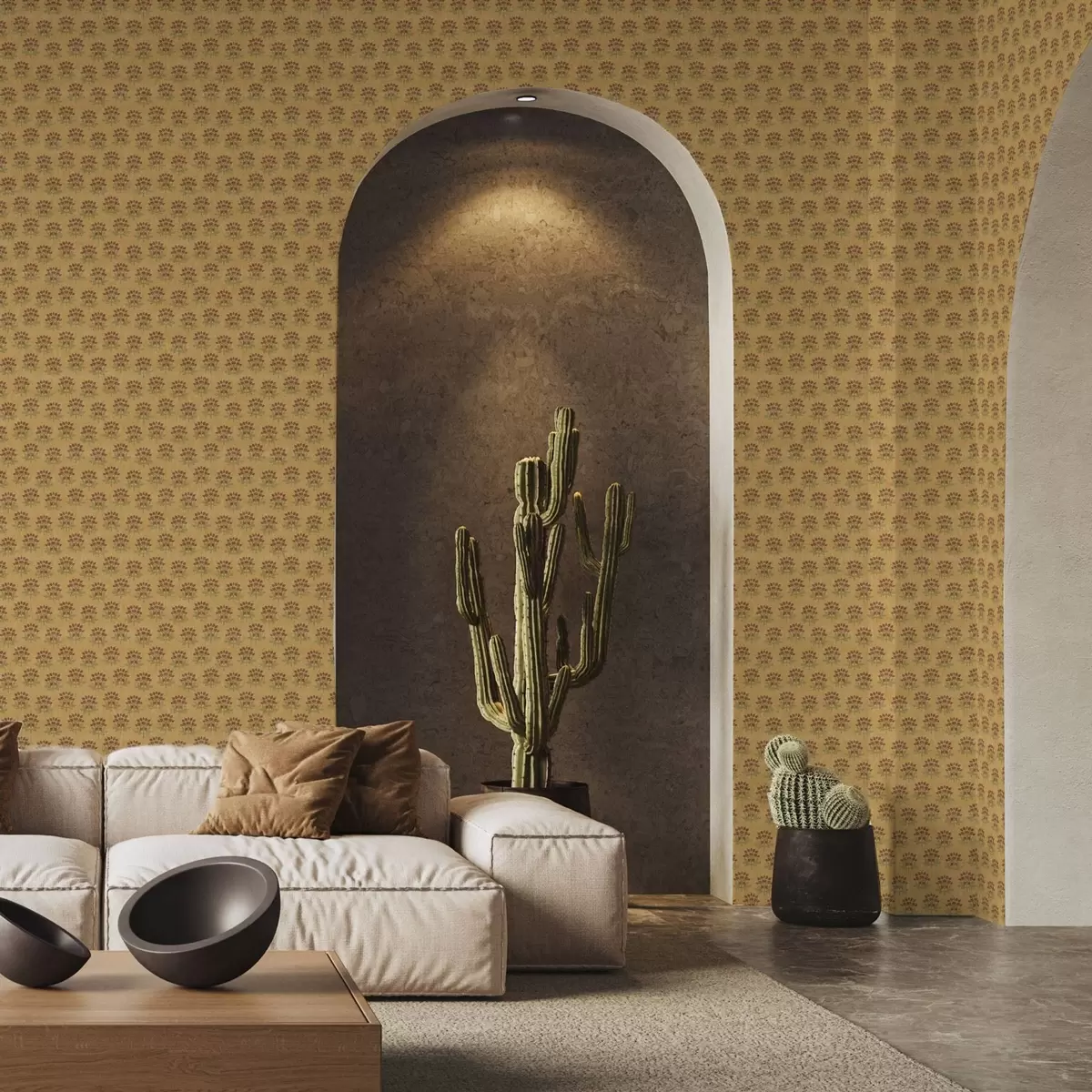 Tapetes Retro ziedu raksts ar lotosiem uz dzeltena fona a00238