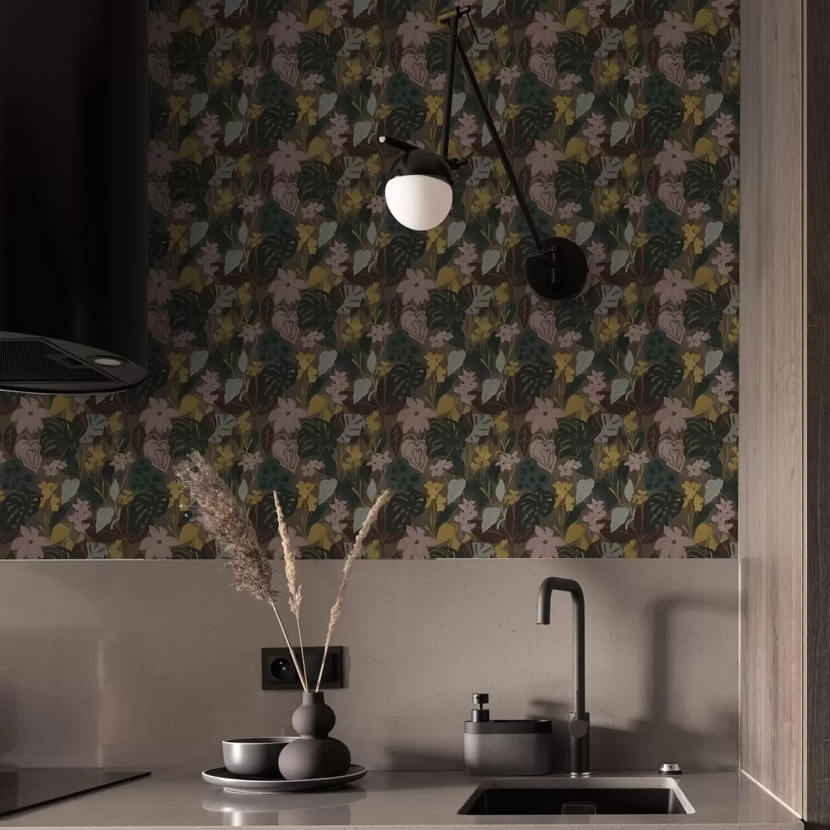 Tapetes Tumši tropu lapas un ziedi blīvā glezna blīvā glezna blīva glezna a00244