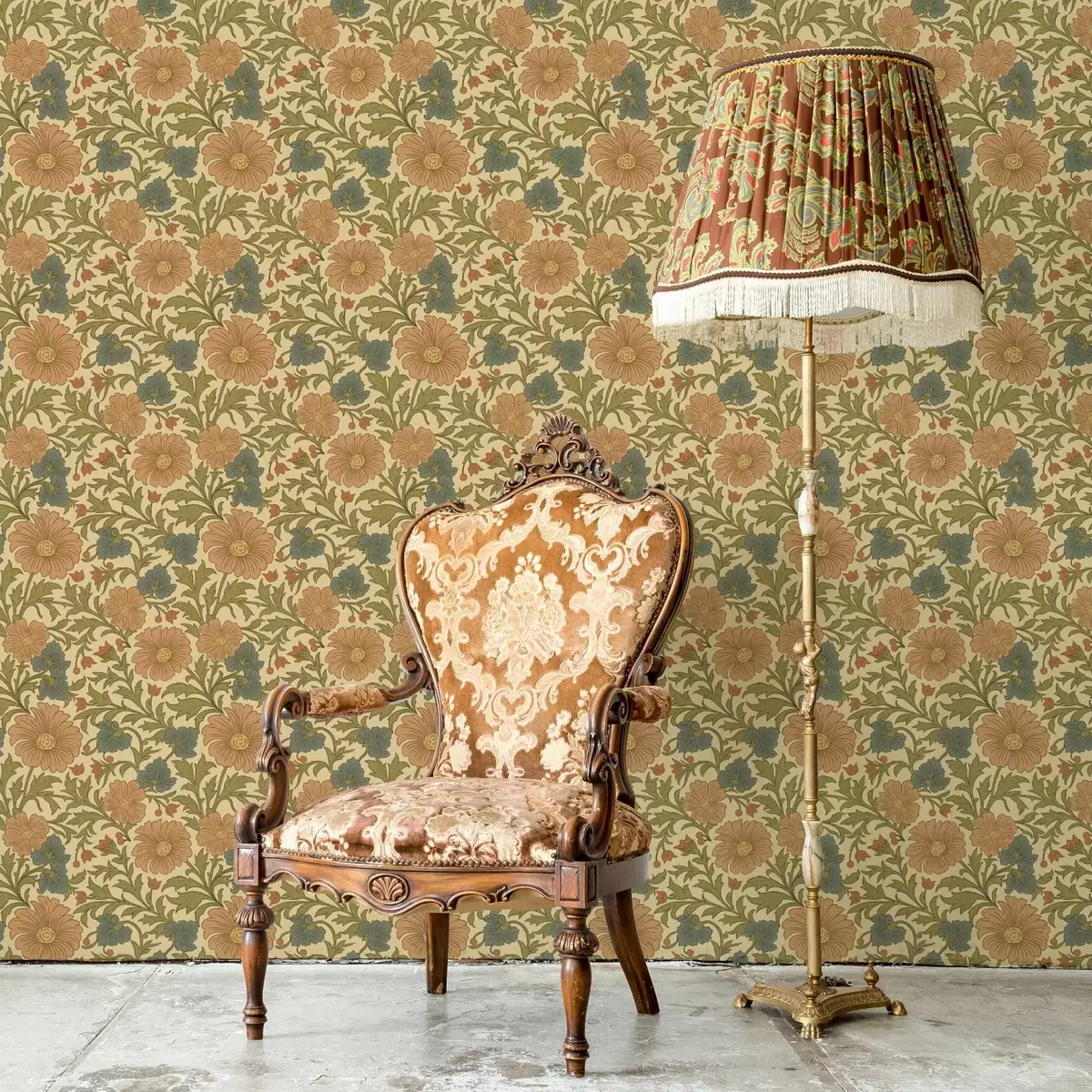 Tapetes Retro modelis ar oranžiem un ziliem ziediem a00245