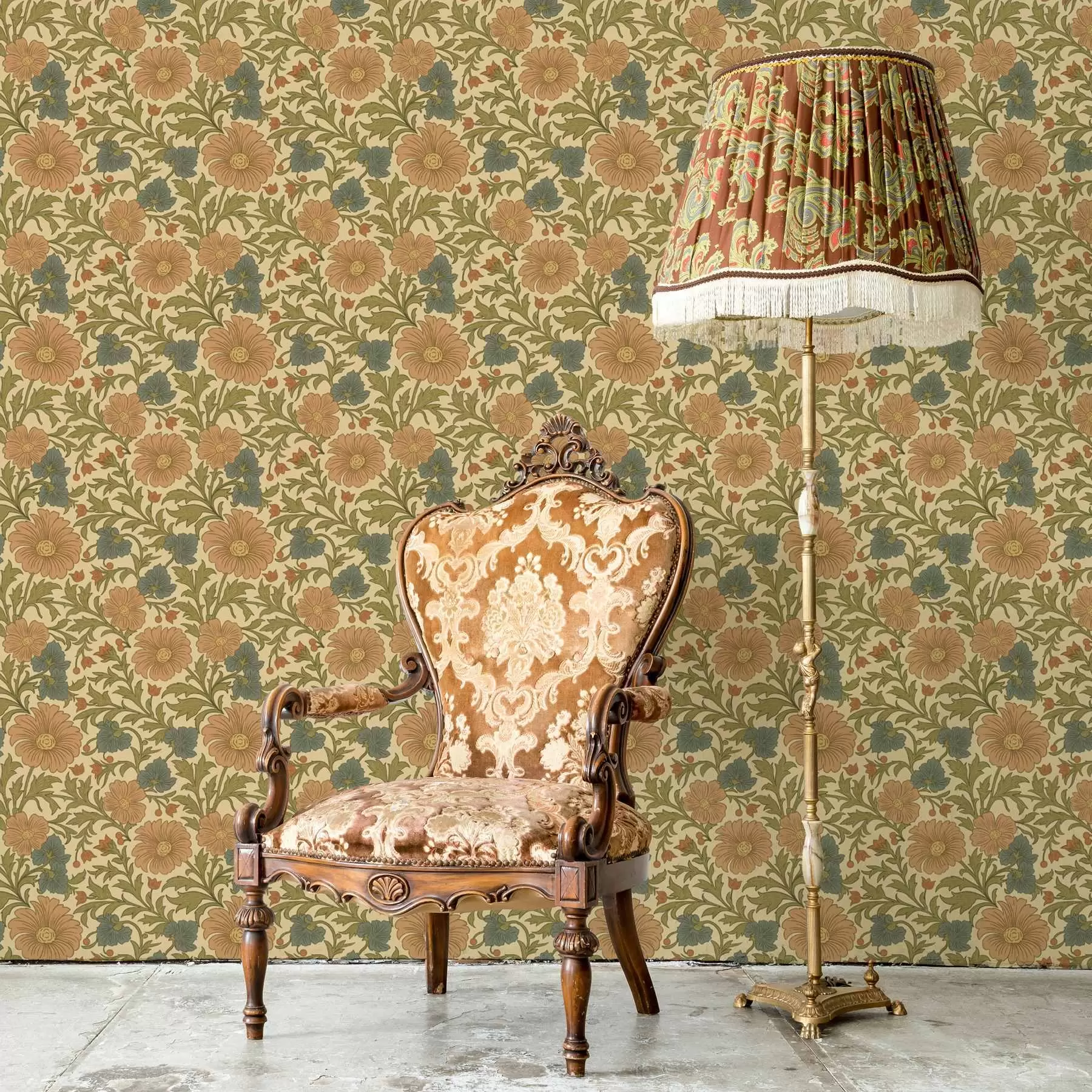 Fototapetes Retro modelis ar oranžiem un ziliem ziediem a00245