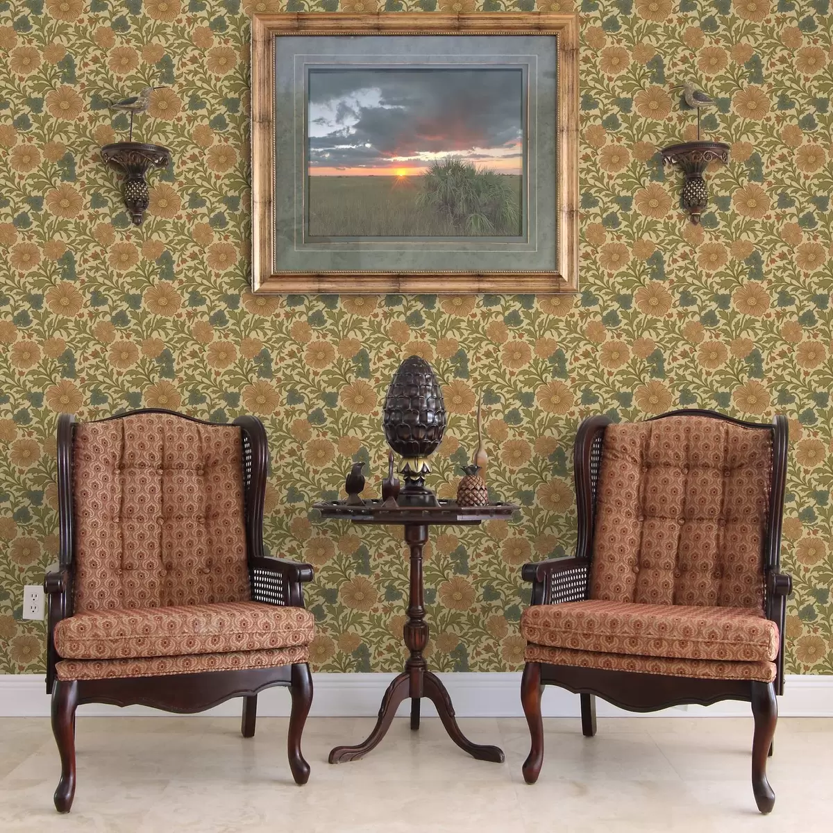 Tapetes Retro modelis ar oranžiem un ziliem ziediem a00245