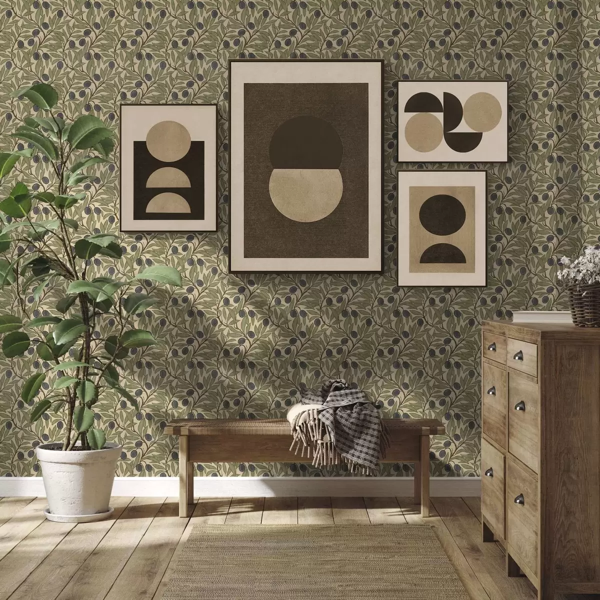 Tapetes Olīvas uz zariem siltā olīvu paletē a00246