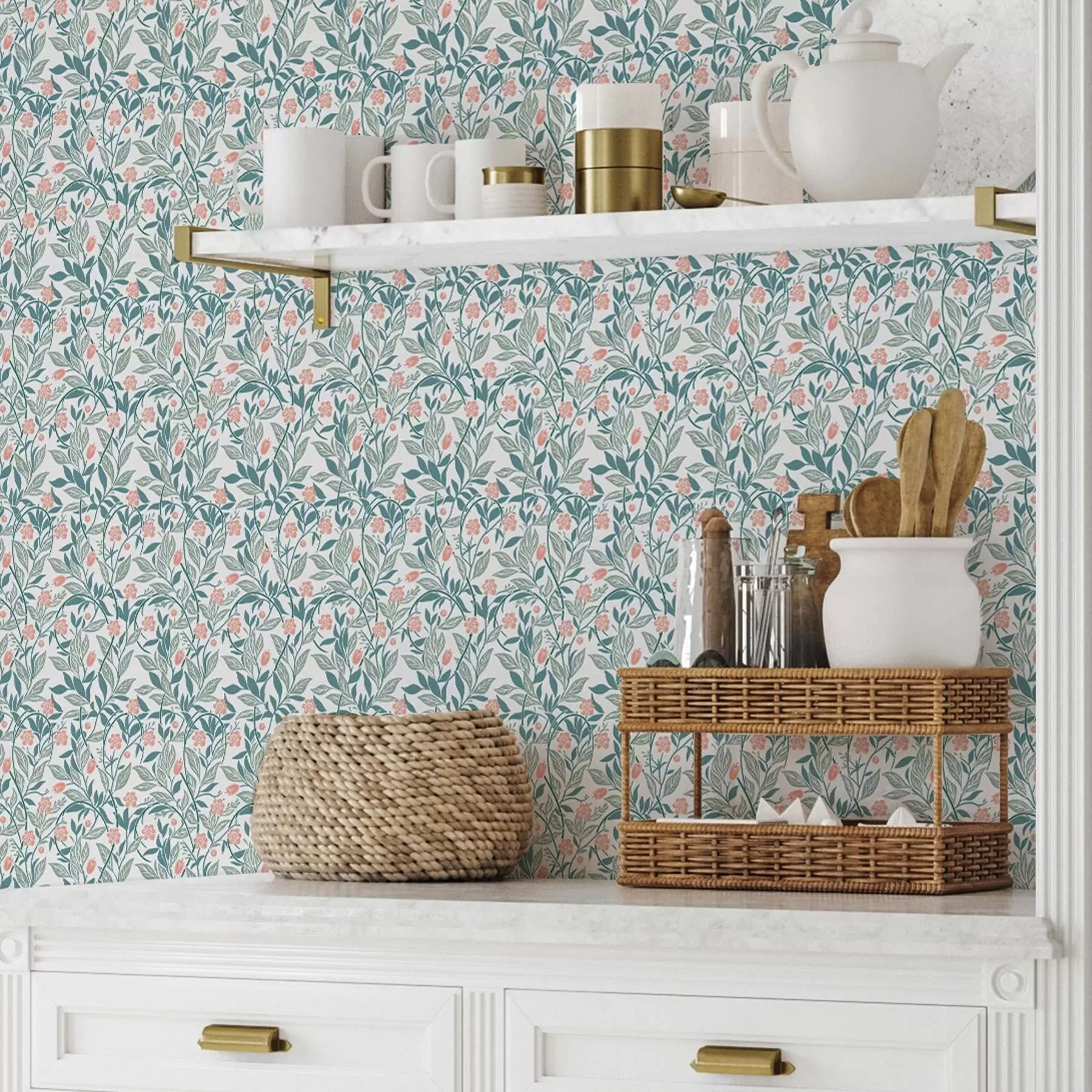 Fototapetes Svaigs raksts ar koraļļu ziediem un lapām a00247