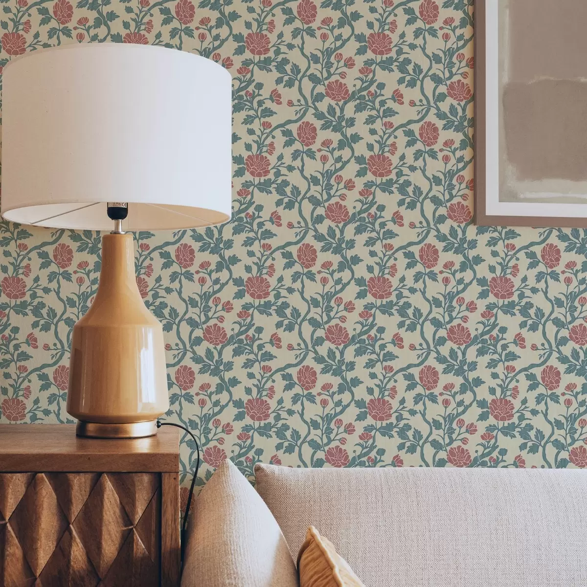 Tapetes Retro raksts ar sarkaniem un zaļiem ziediem a00250