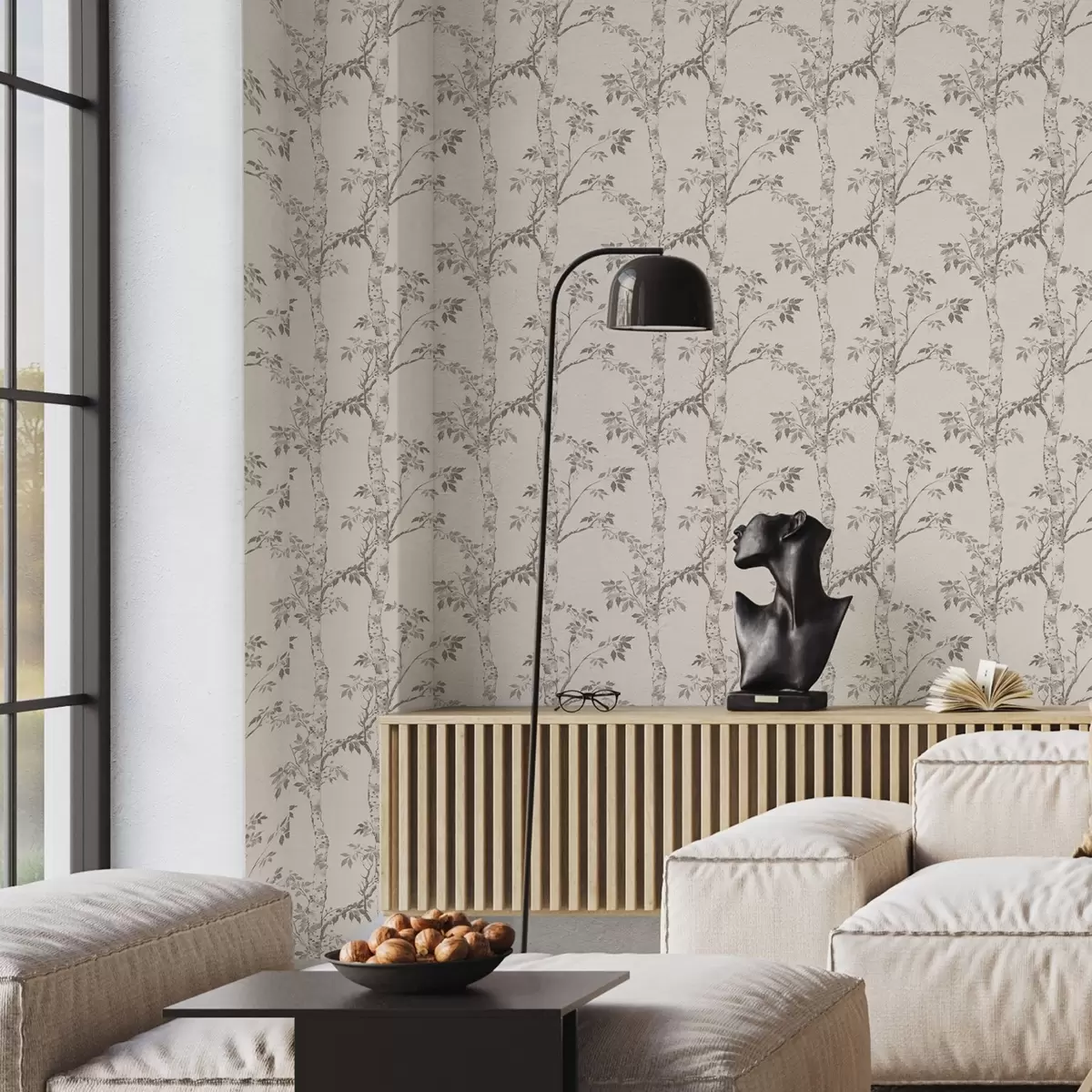 Tapetes Bērza zari ar lapām uz gaiša fona a00257