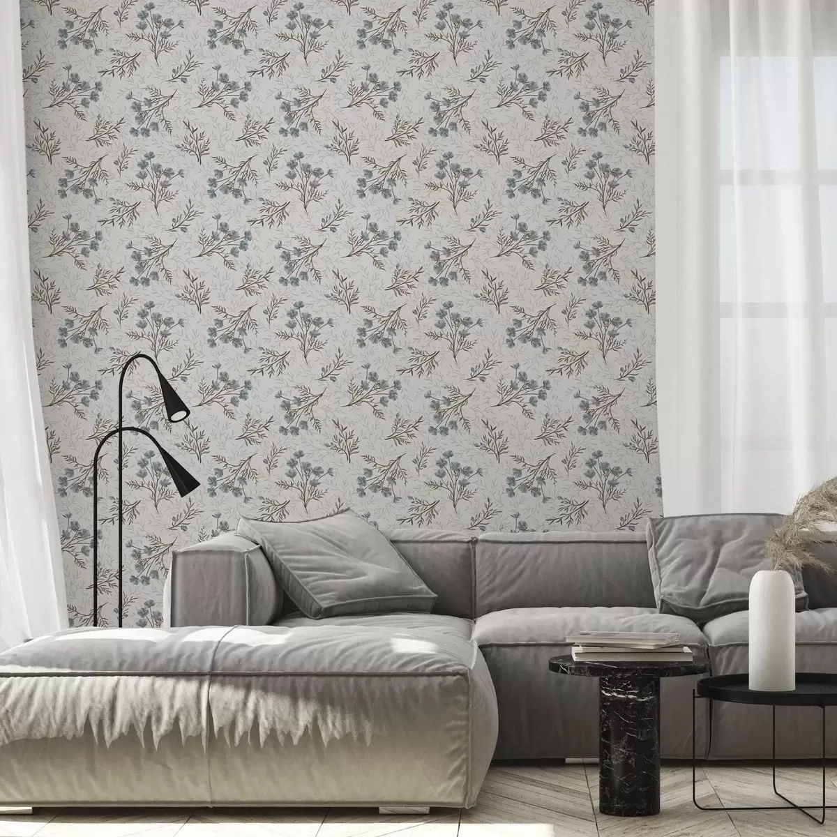 Tapetes Nelieli zili ziedi ar brūniem zariem a00265