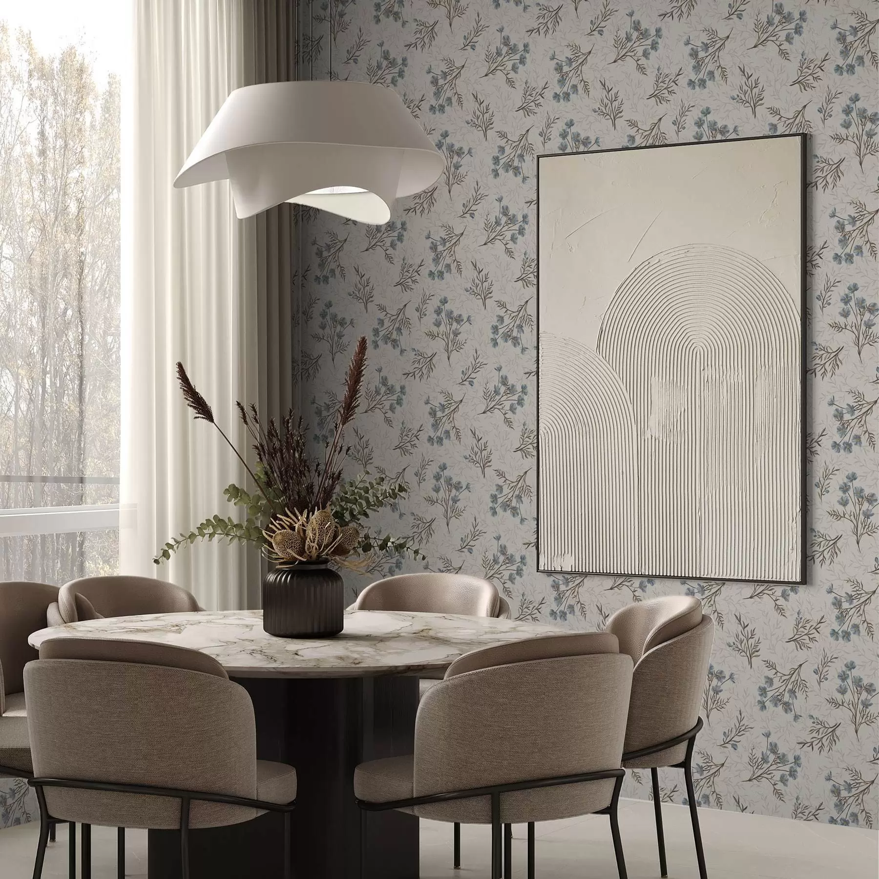 Fototapetes Nelieli zili ziedi ar brūniem zariem a00265