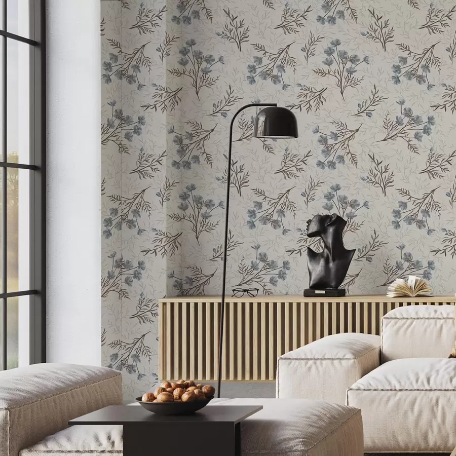 Fototapetes Zili ziedi un gaiši zari uz balta fona a00265v1