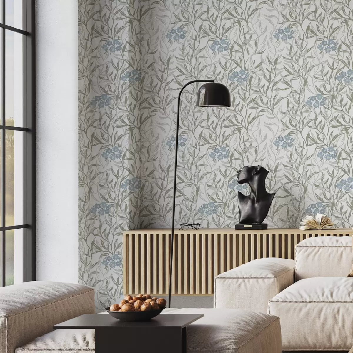 Tapetes Viegla botāniska apdruka ar ziliem ziediem a00268