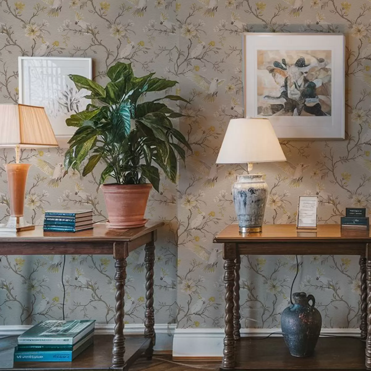 Tapetes Papagaiļi un dzelteni ziedi uz gaiša fona a00270