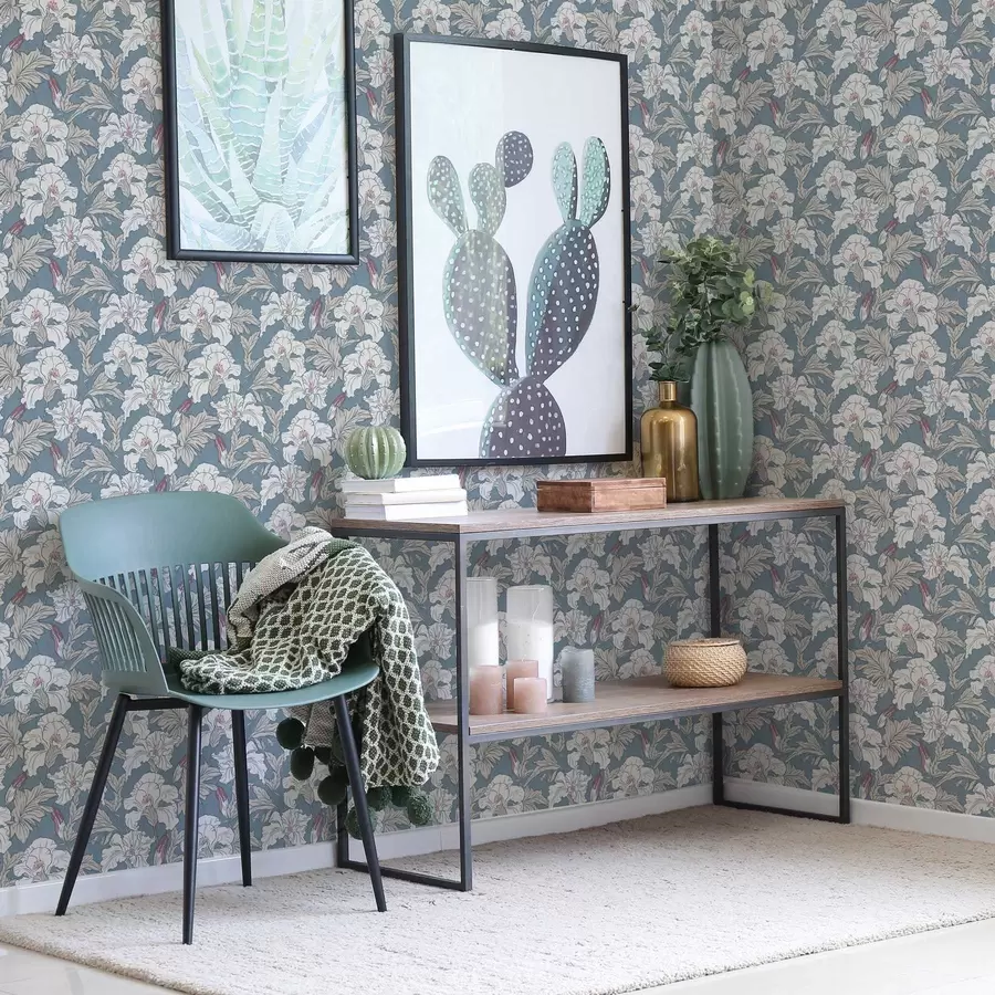 Fototapetes Balts hibiskus uz zila fona ar kontūru rakstu a00272v1