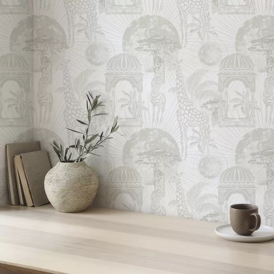 Fototapetes Grafiska ilustrācija ar žirafi, zebru un palmām a00276v1