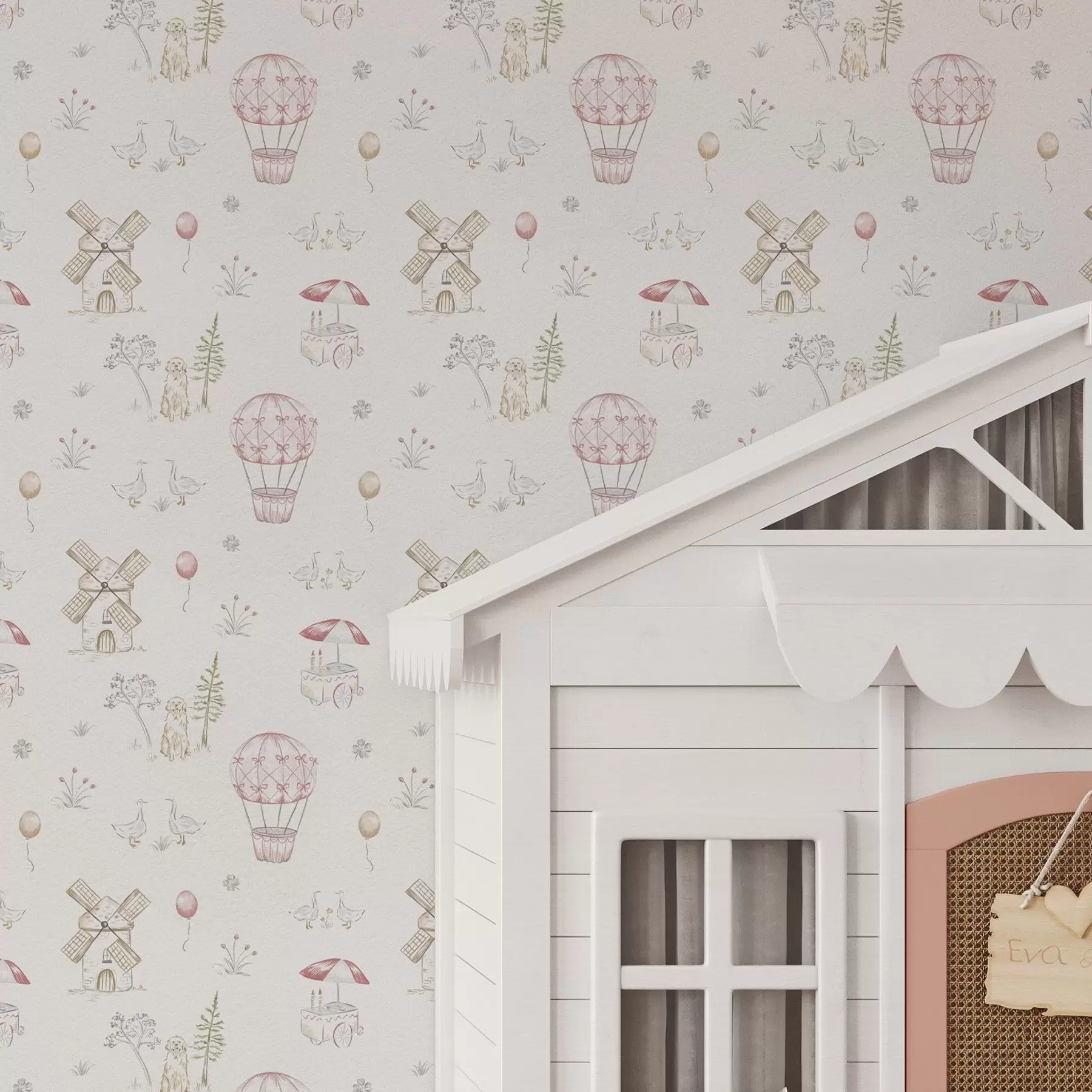 Fototapetes Bērnu ilustrācijas: Ilustrācijas: suns, pīles, bumbiņas, dzirnavas a00278