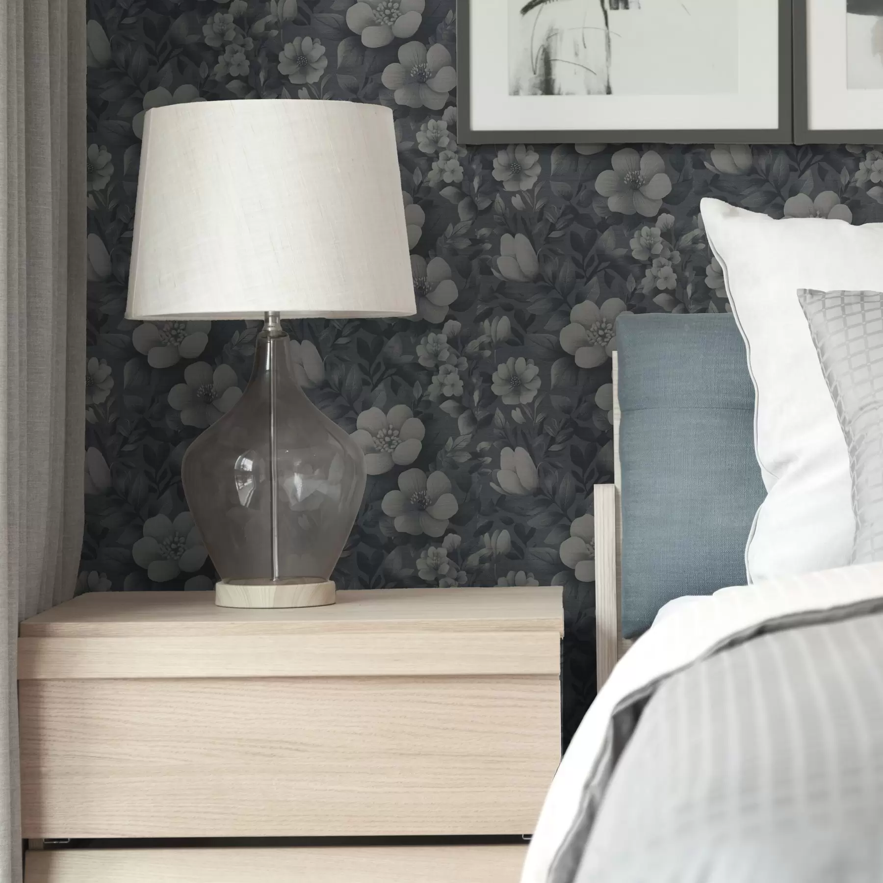 Fototapetes Tumši zils raksts ar apjomīgiem baltiem ziediem a00282