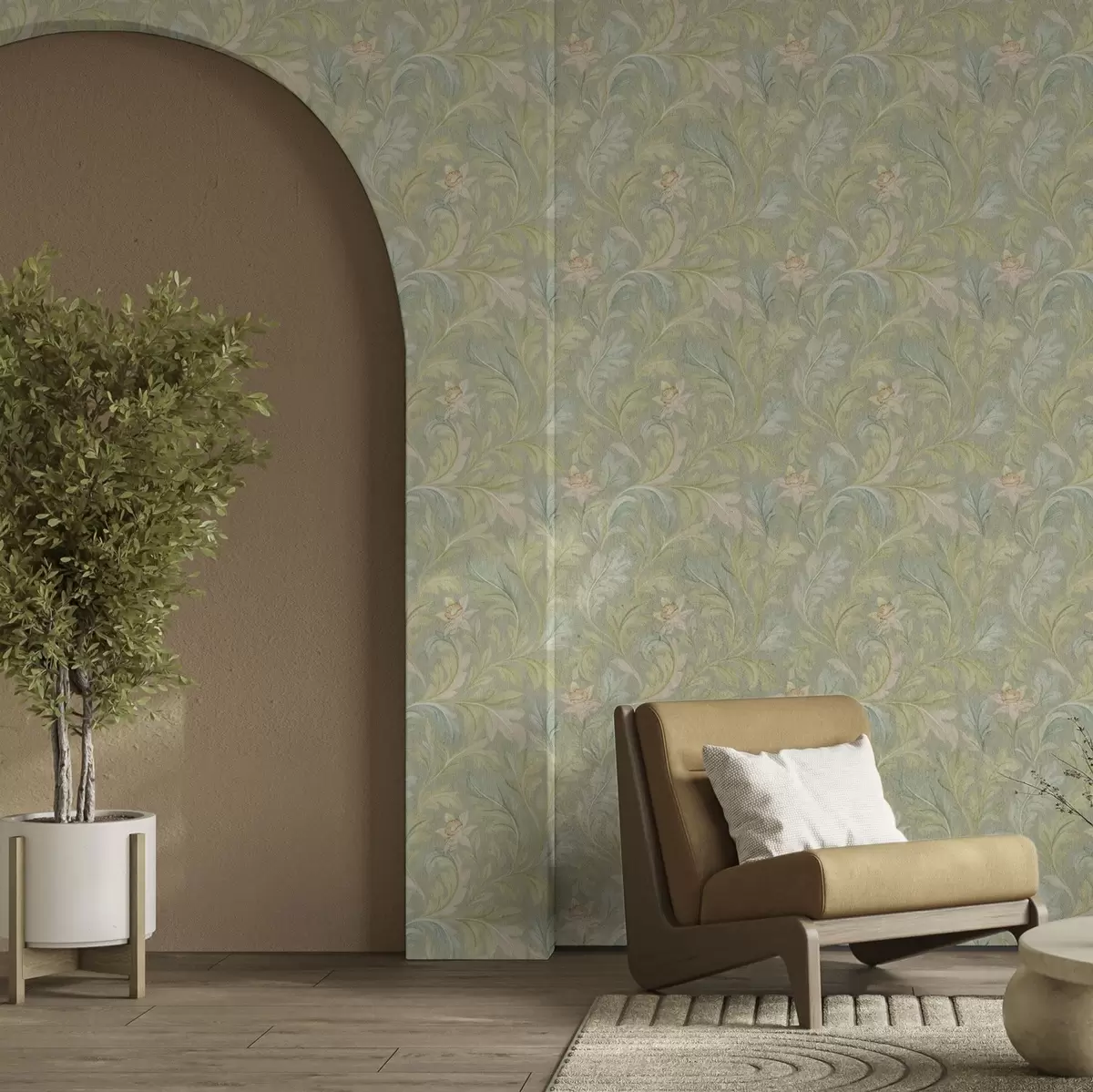 Tapetes Vintage lapas uz zaļa fona, pasteļtoņos a00277