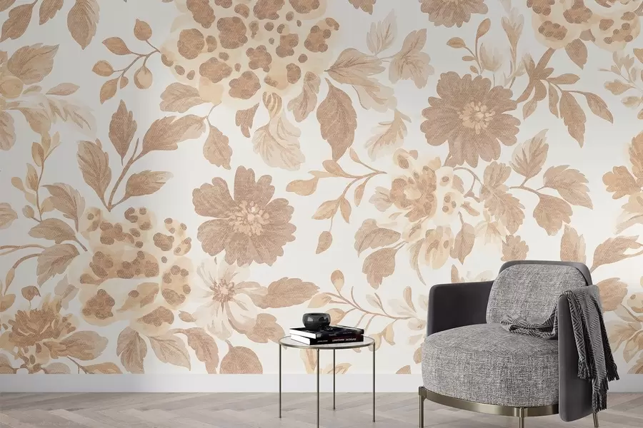 Fototapetes Boho stila ziedi ar leoparda apdruku, smilškrāsas krāsā w04114