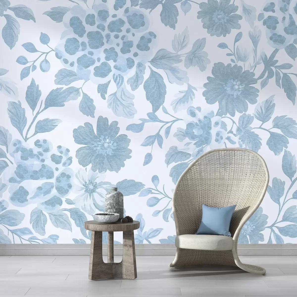 Fototapetes Boho stila ziedi ar leoparda apdruku, zilā krāsā w04114v1