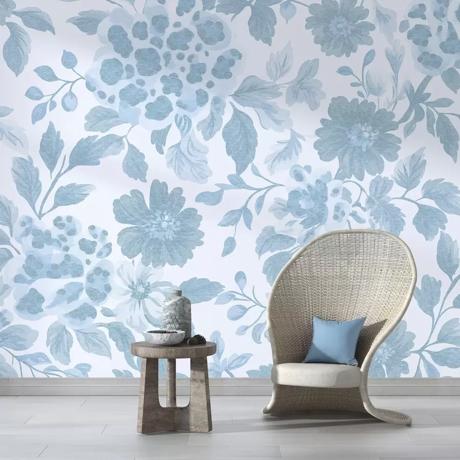 Fototapetes Boho stila ziedi ar leoparda apdruku, zilā krāsā w04114v1