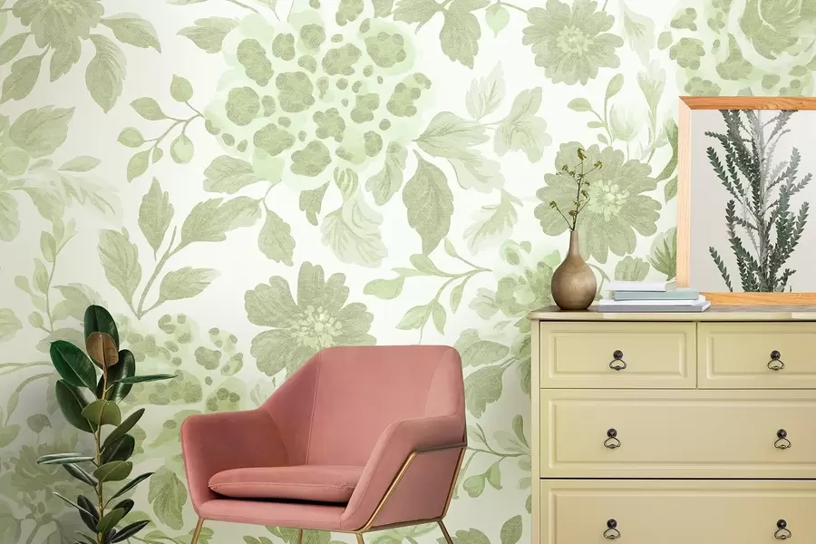 Fototapetes Boho stila ziedi ar leoparda apdruku, zaļā krāsā w04114v2