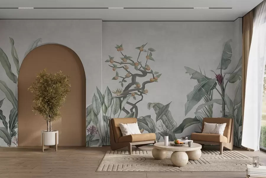 Fototapetes Tropu augi ar apelsīnu koku uz gaiša fona w04201