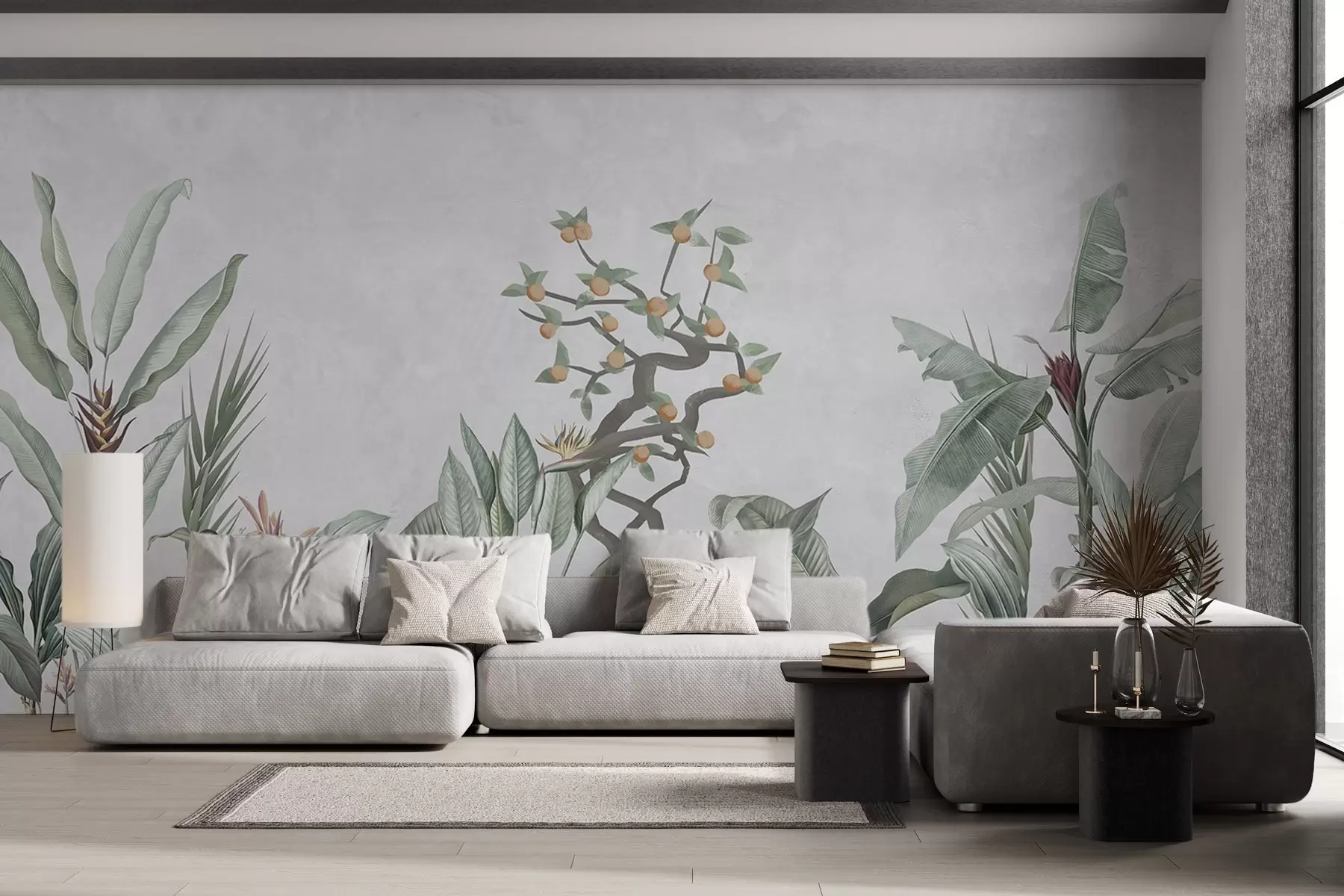 Fototapetes Tropu augi ar apelsīnu koku uz gaiša fona w04201