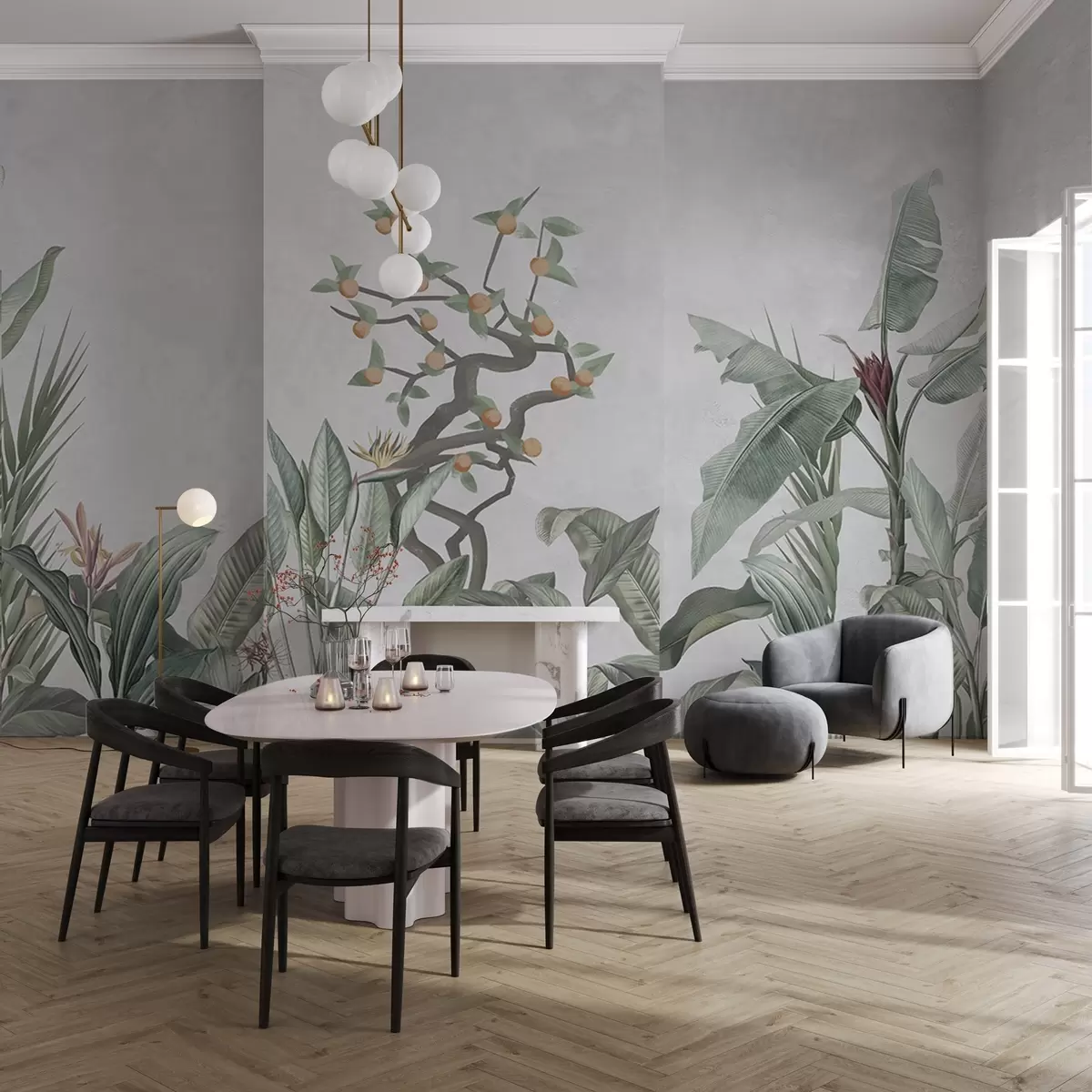 Fototapetes Tropu augi ar apelsīnu koku uz gaiša fona w04201