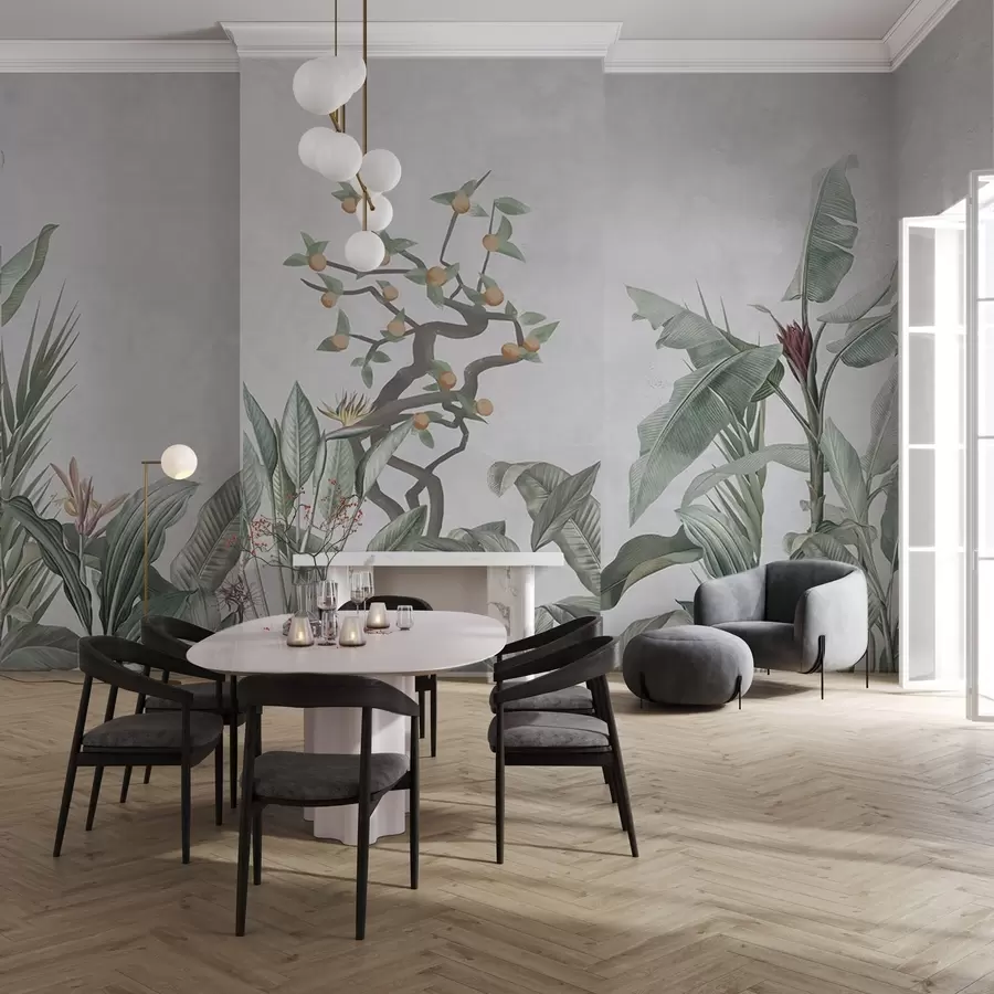 Fototapetes Tropu augi ar apelsīnu koku uz gaiša fona w04201