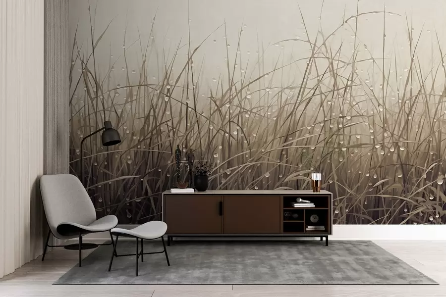 Fototapetes Zāle ar ūdens pilieniem, pieklusināti brūni toņi, maiga gaisma, miglains fons, abstrakts minimālisma stils ar faktūru w09217v1