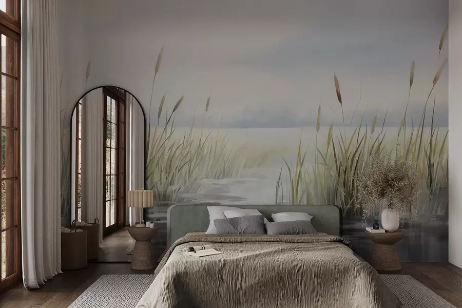 Fototapetes Akvareļa faktūras glezniecības imitācija ainavas ar ezeru, zāli, apmākušās debesis un izplūdušu fonu w09219