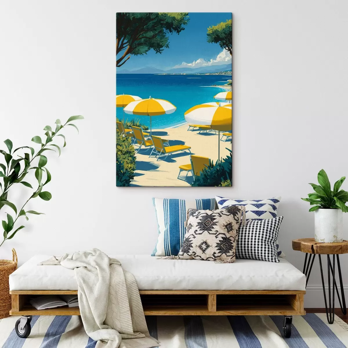 Glezna Vasaras pludmale ar lietussargiem un kokiem s44974