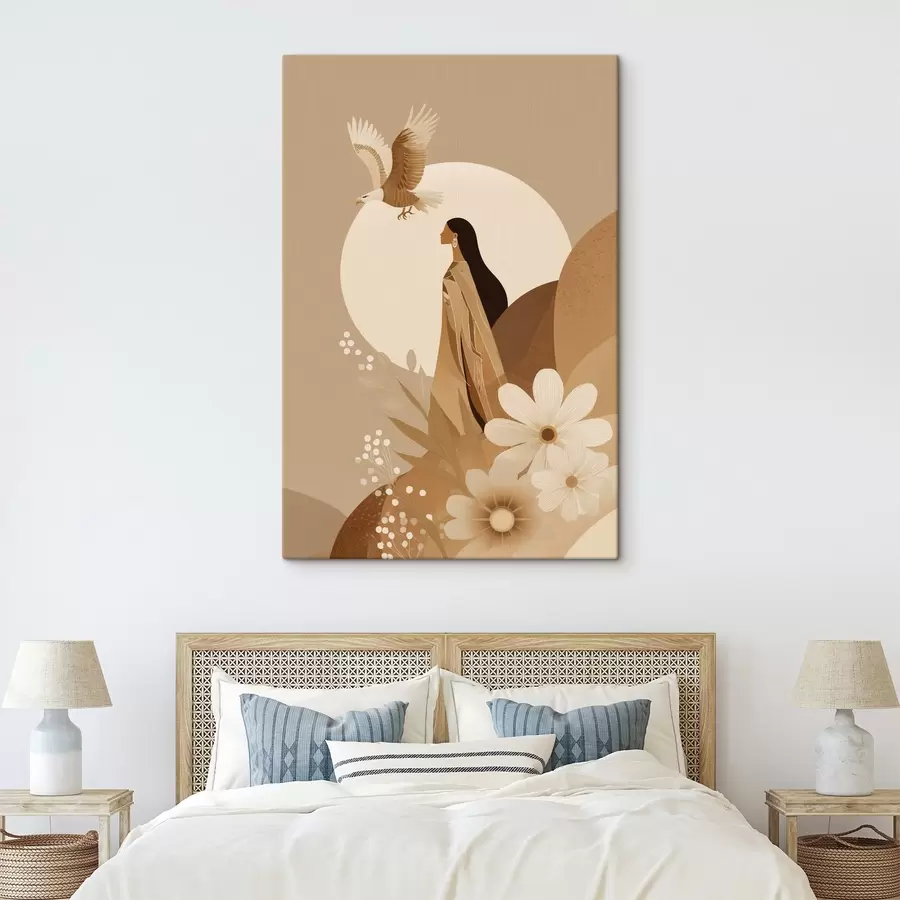 Glezna Abstrakcija ar sievieti un ērgli debesīs, bēšas krāsas s44978