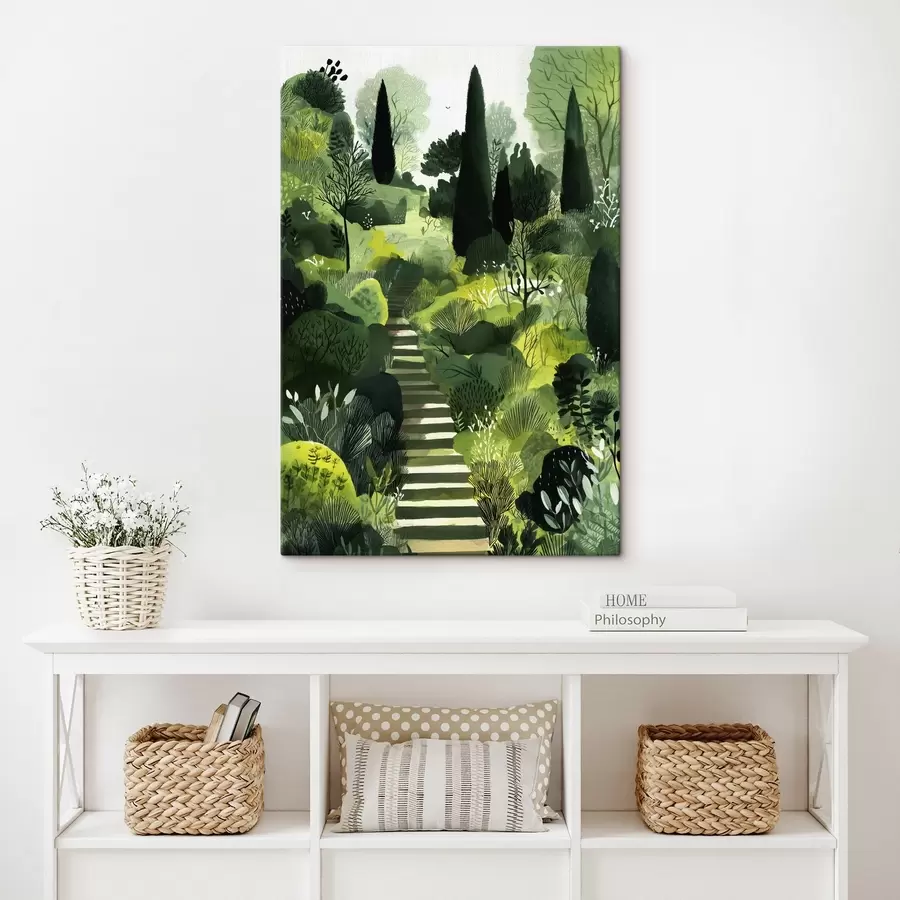 Glezna Zaļie pakalni ar kokiem un krūmiem, betona kāpnes, sulīgas krāsas s44980