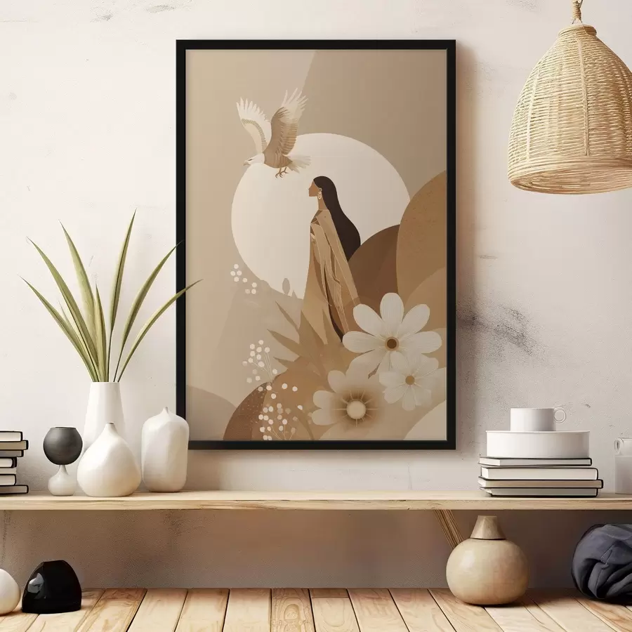 Fototapetes Abstrakcija ar sievieti un ērgli debesīs, bēšas krāsas f44978