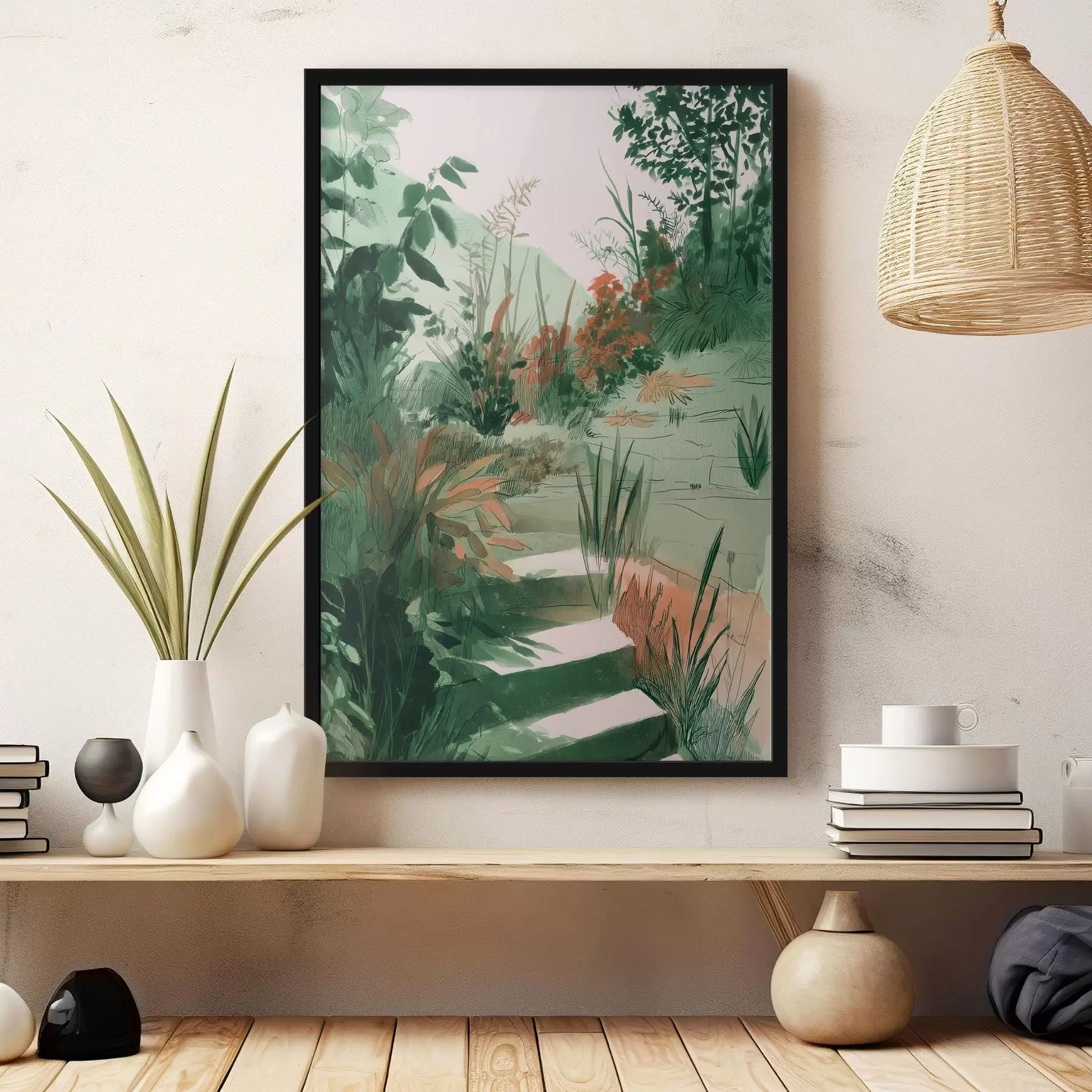 Glezna Austrumu dārzs ar krūmiem un kokiem, zaļas krāsas f44982