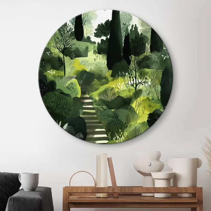 Glezna Zaļie pakalni ar kokiem un krūmiem, betona kāpnes, sulīgas krāsas r44980