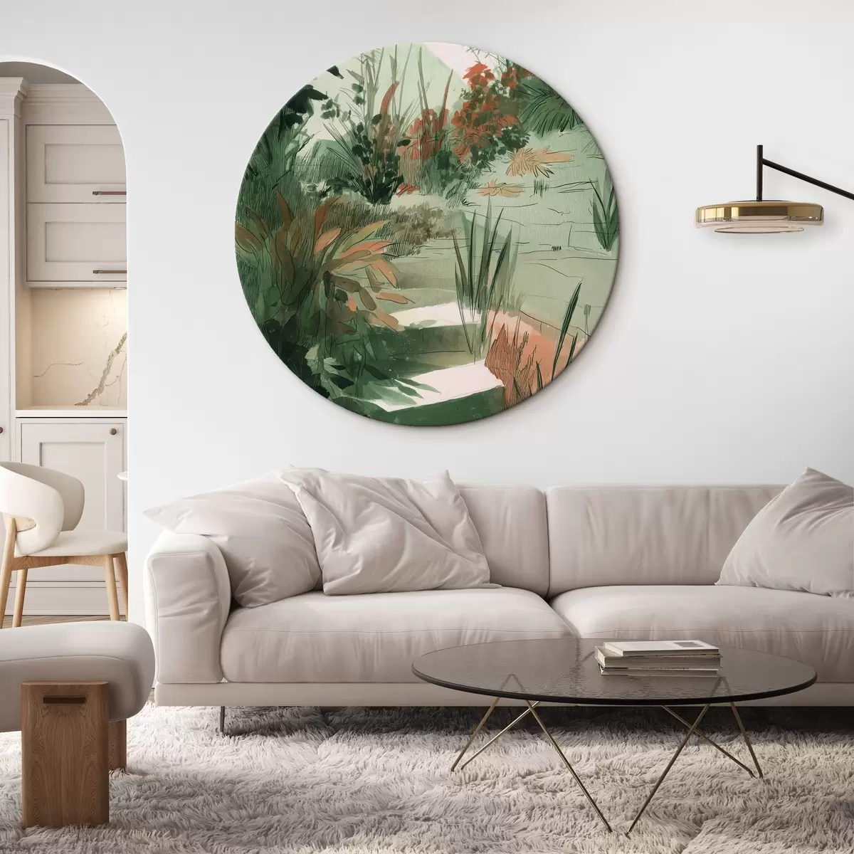 Apaļas gleznas Austrumu dārzs ar krūmiem un kokiem, zaļas krāsas r44982