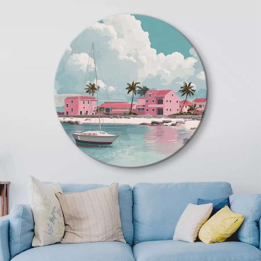 Glezna Rozā pludmale ar spilgtu sauli, buru laivu un mājām r44986