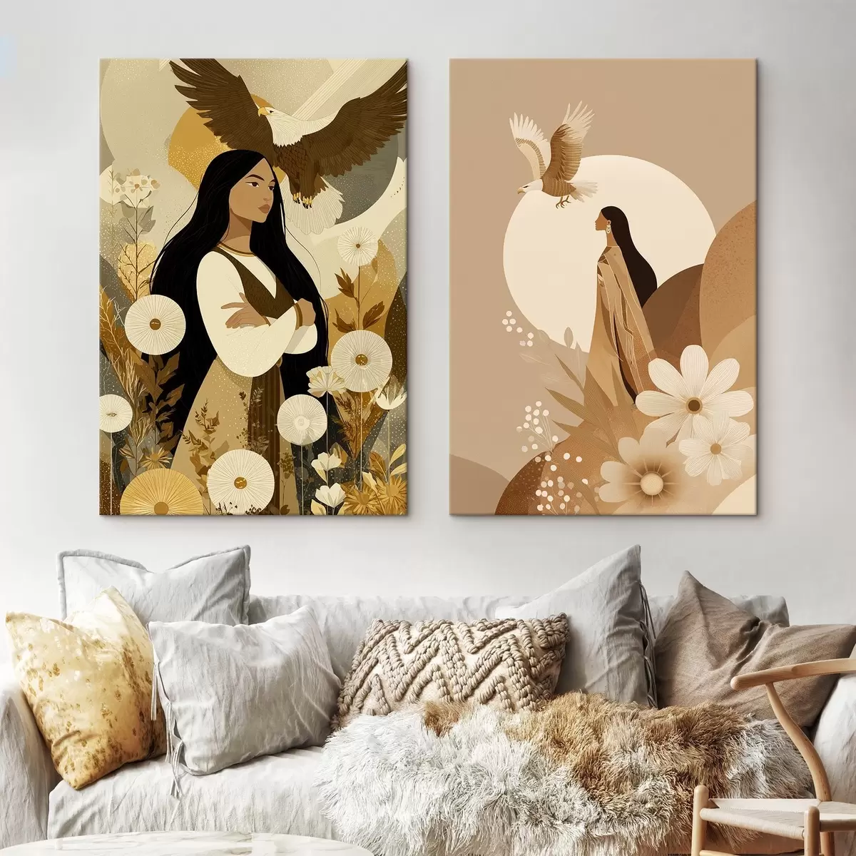 Glezna Sievietes ar lidojošiem ērgļiem, cilšu stils, smilškrāsas krāsas m00477