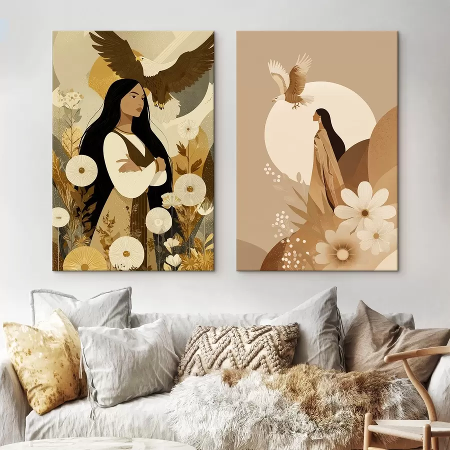 Glezna Sievietes ar lidojošiem ērgļiem, cilšu stils, smilškrāsas krāsas m00477