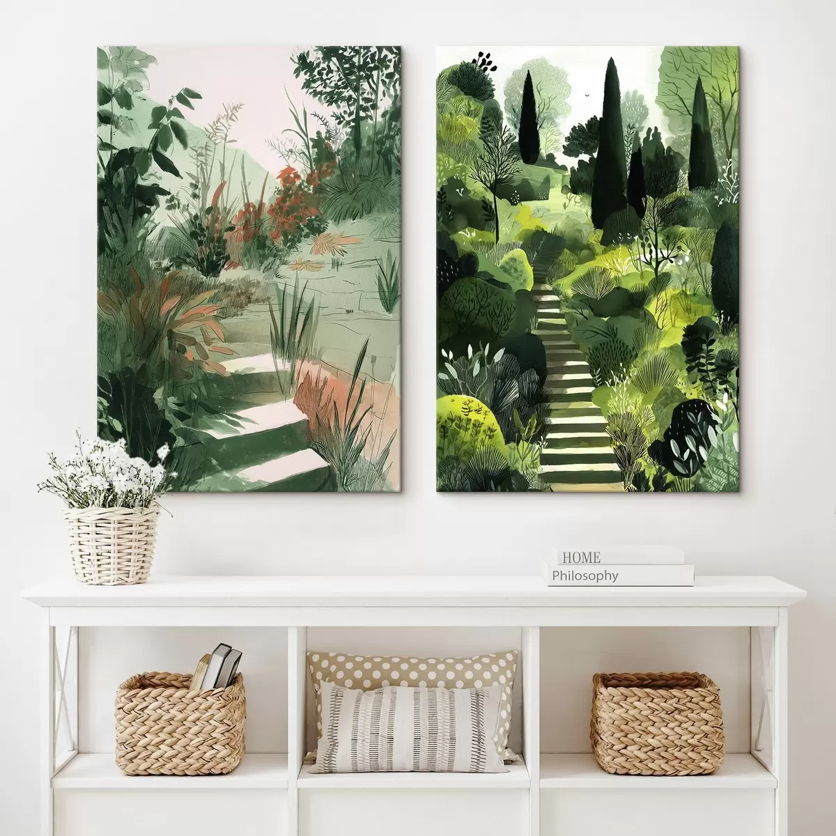 Glezna Zaļš austrumu dārzs ar krūmiem un kokiem m00478