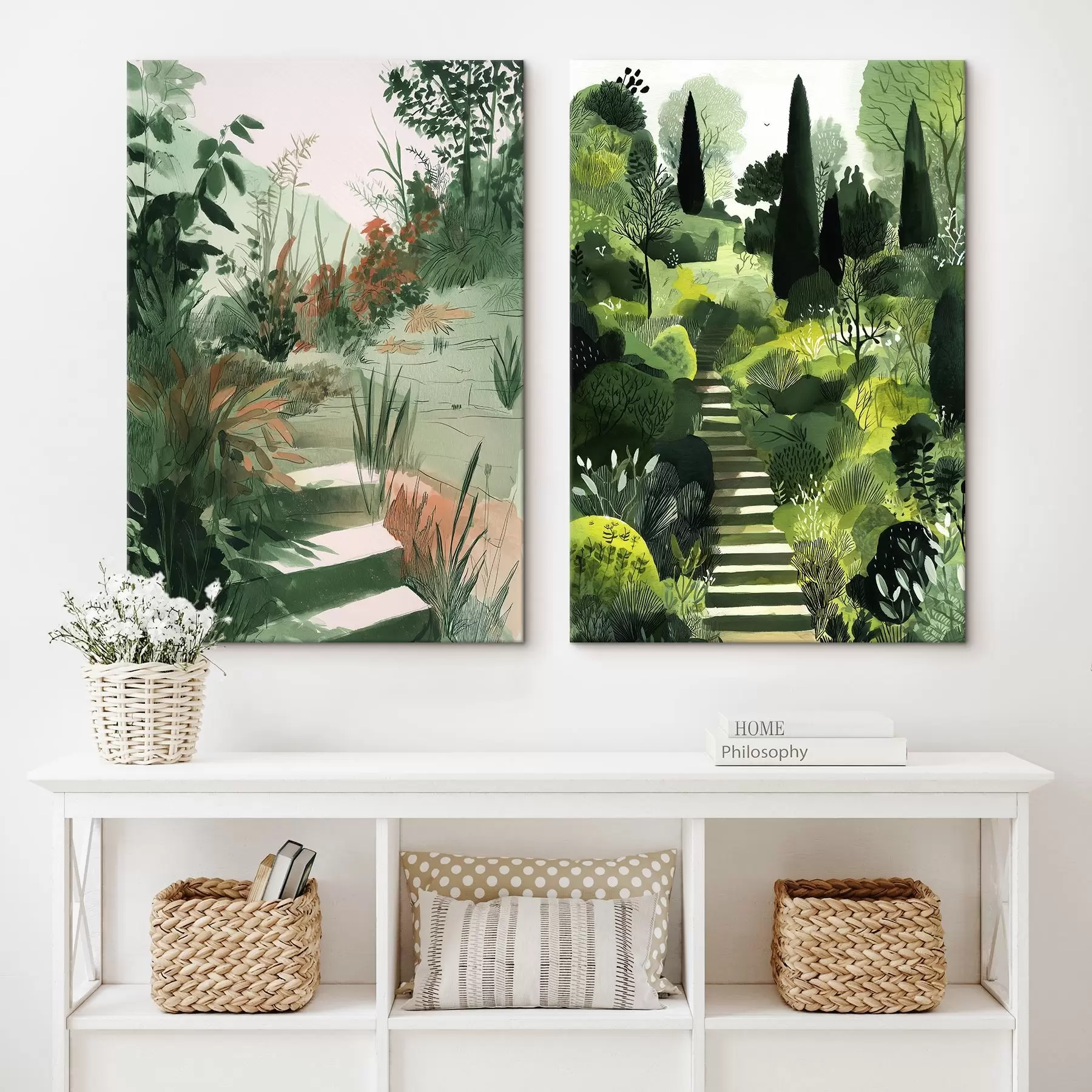 Glezna Zaļš austrumu dārzs ar krūmiem un kokiem m00478