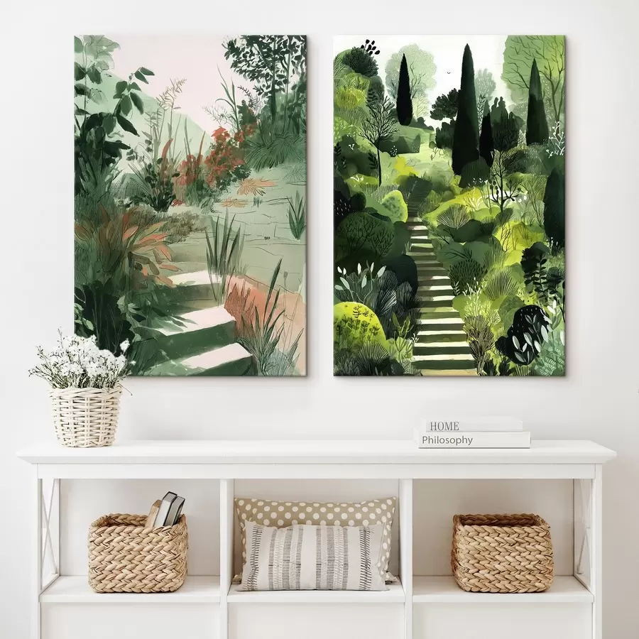 Glezna Zaļš austrumu dārzs ar krūmiem un kokiem m00478