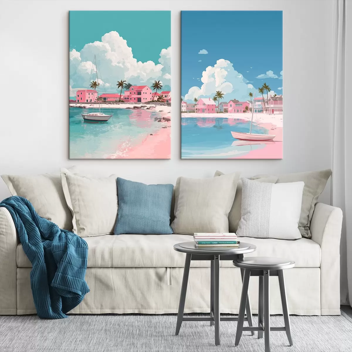 Glezna Rozā vasaras pludmale ar sauli, buru laivu un mājām m00479