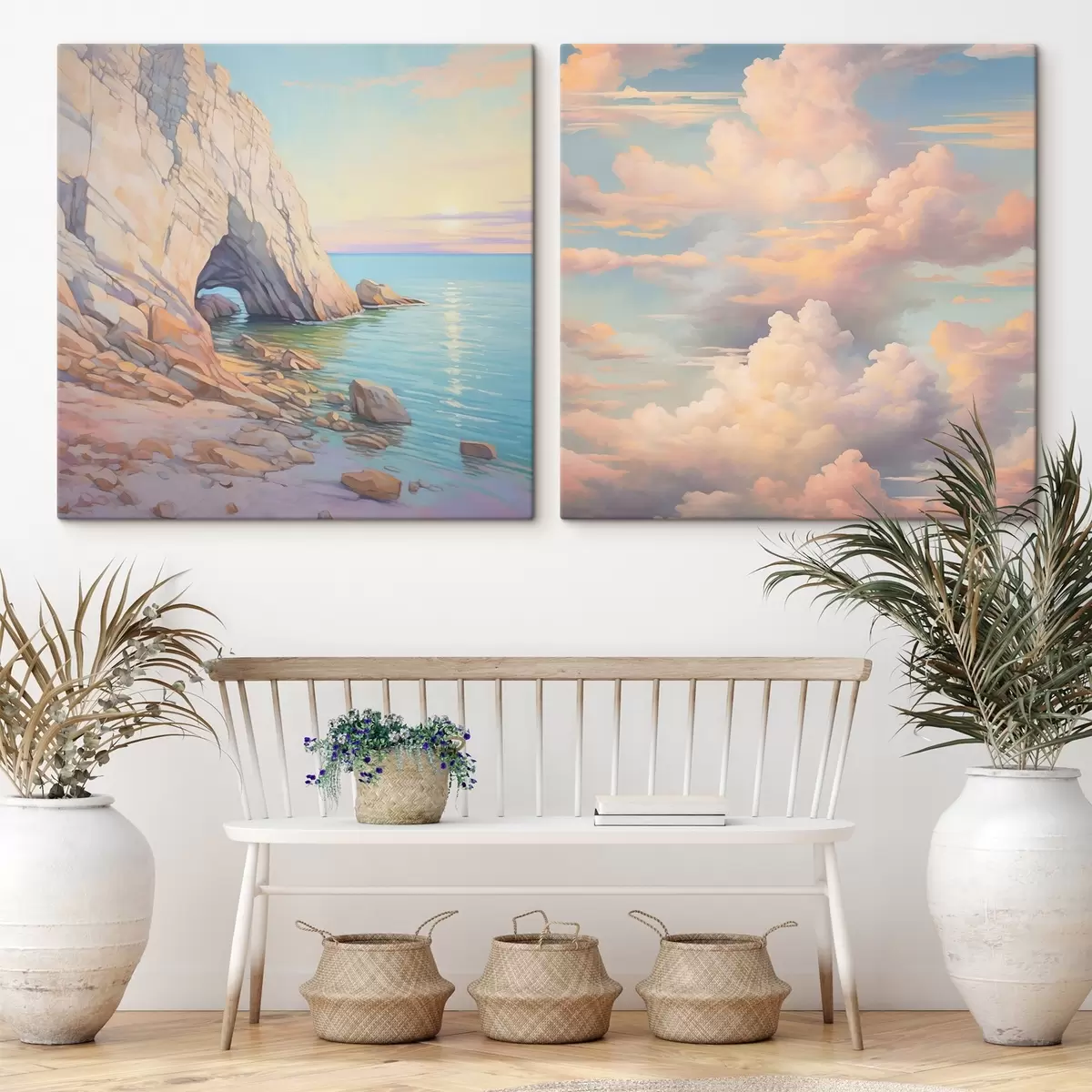 Glezna Viļņi akmeņainā krastā un debesis ar mākoņiem m00487