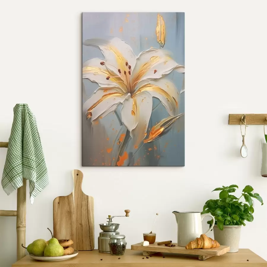 Glezna Balta lilija ar dzelteniem triepieniem uz zila fona s45077